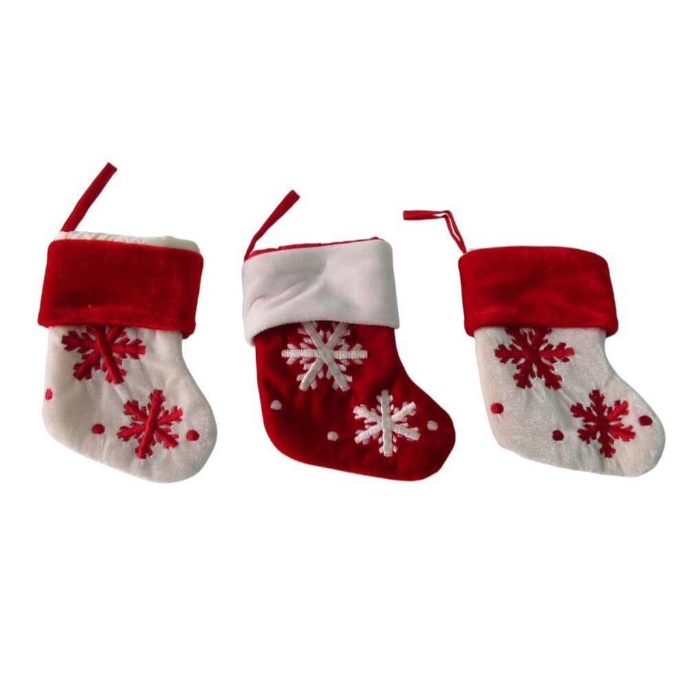 Small Decorative Velvet Christmas Stockings Embroidered Snowflake GUC Three